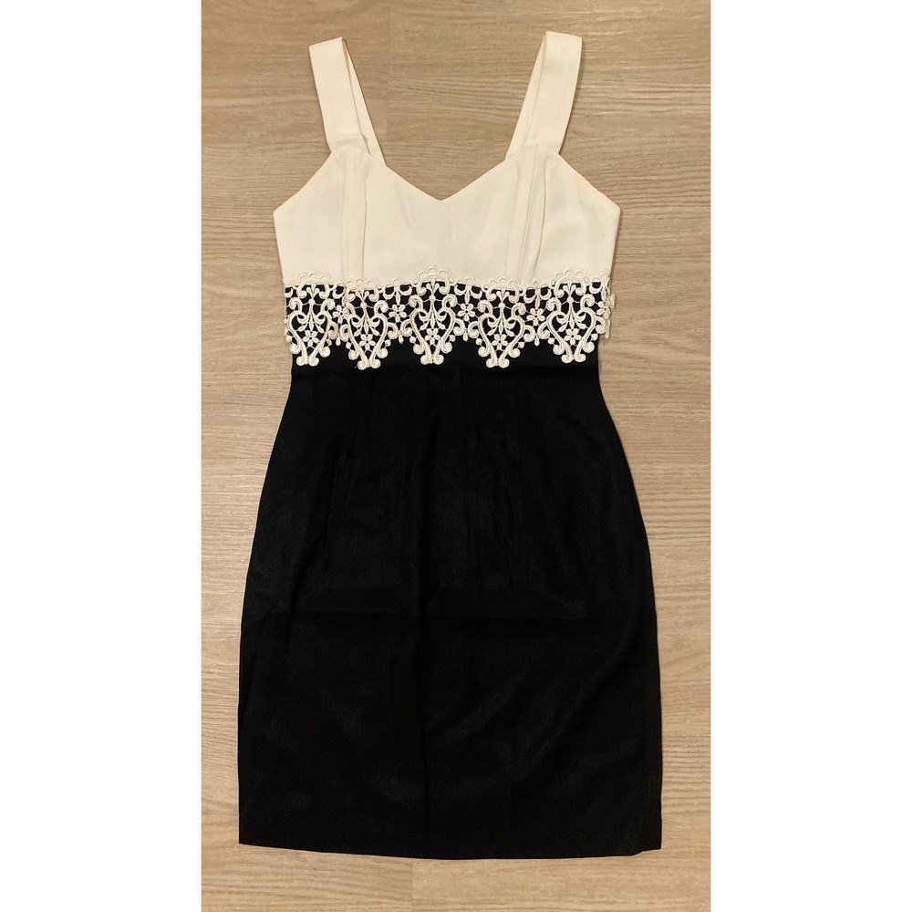 Vtg 80s Jessica McClintock Gunne Sax Lace Sheath Mini Dress 7/8 Black White USA